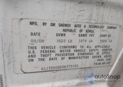 2009 Chevrolet Aveo Lt из США, поврежденный, VIN KL1TD56EX9B372102